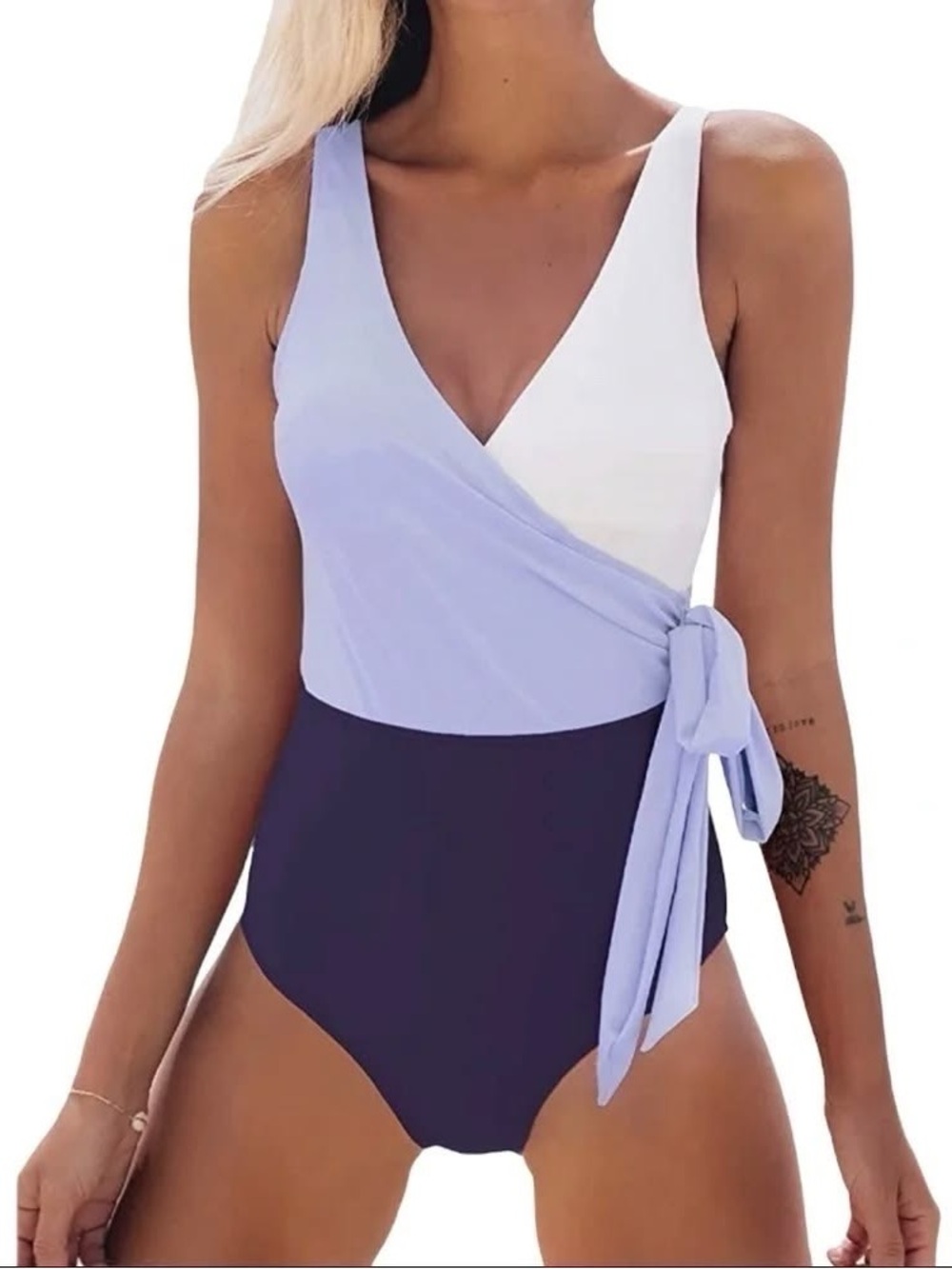 NEW Cupshe Purple Lavender White Color Block One Piece Swimsuit Side Tie XL NWT